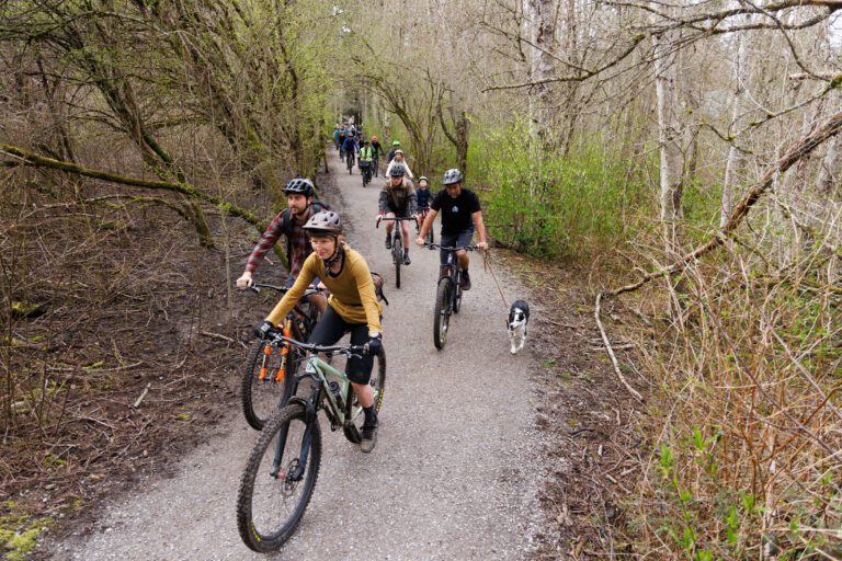 A trail of Bicyclists ride through the Hundred Acre Wood.