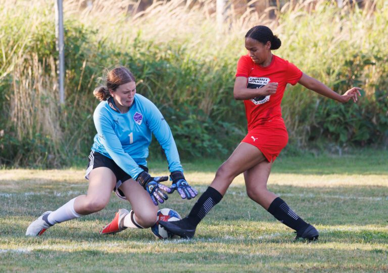 Mount Baker’s Faith Wilson knocks the ball out of the reach of Nooksack Valley goalie Alex Veening.