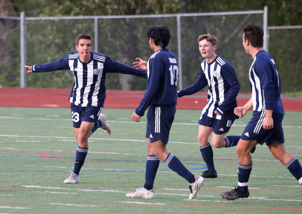 Squalicum's Jordan Voigt celebrates his first of three goals in a hat trick as Squalicum beat Fife 4-0 at Civic Stadium on May 18.