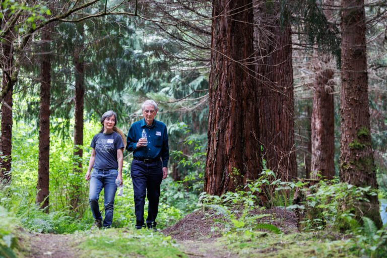 Bob Barker walks by sequoia trees with his daughter, Robin.