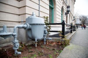 A meter measures natural gas usage at the Federal Building.