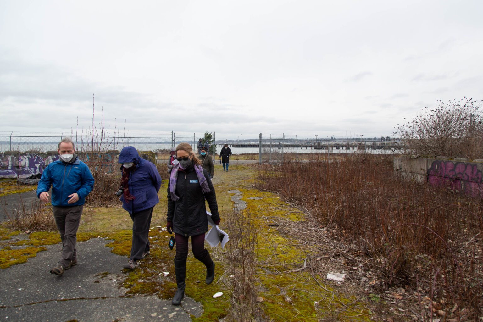 Tour groups leave the Salish landing with masks on.