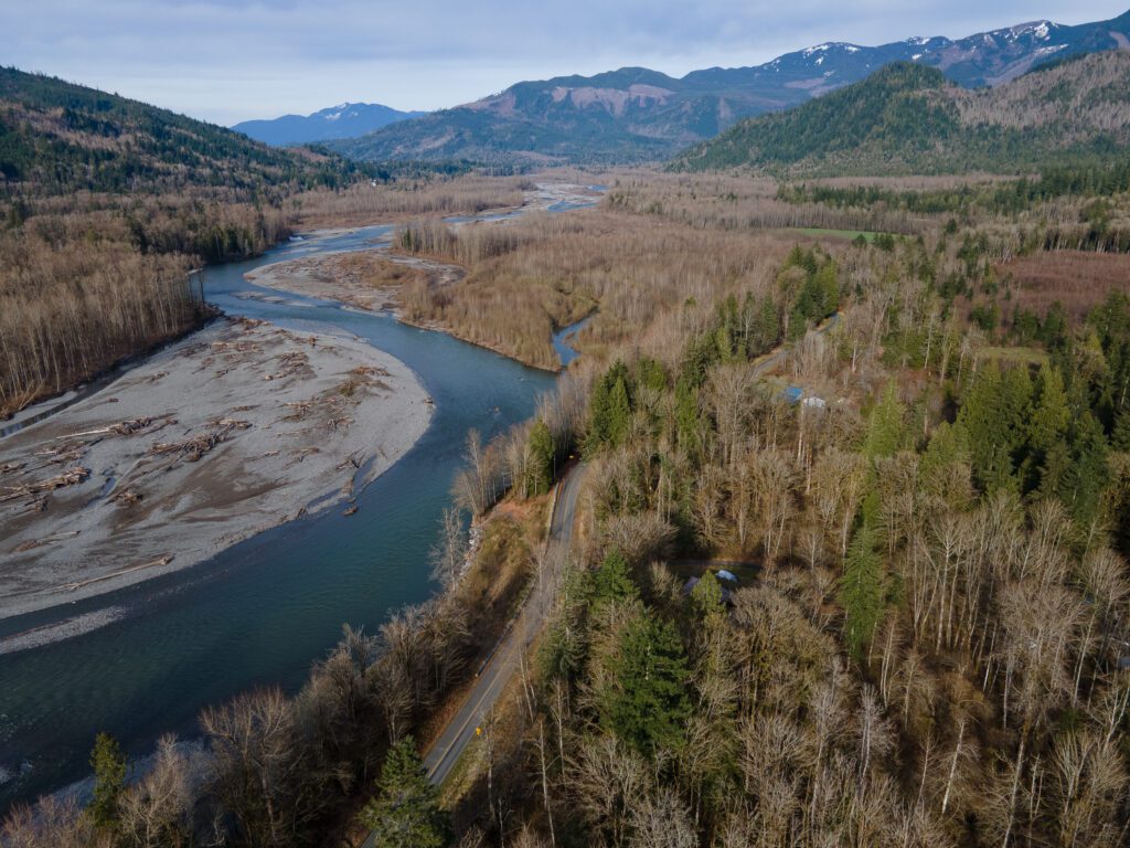 An aerial view of the South Fork Nooksack River.