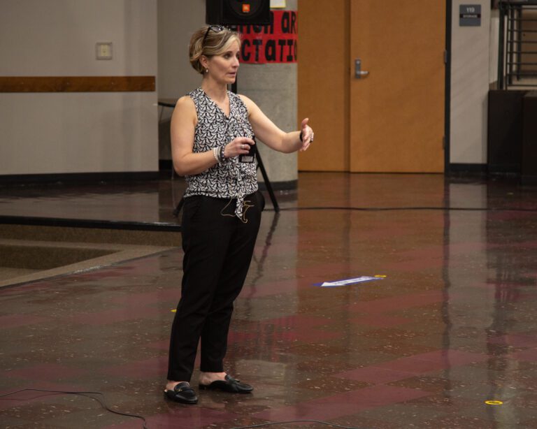 Ferndale School District superintendent candidate Karin "Kristi" Dominguez speaks as she gestures with both hands.