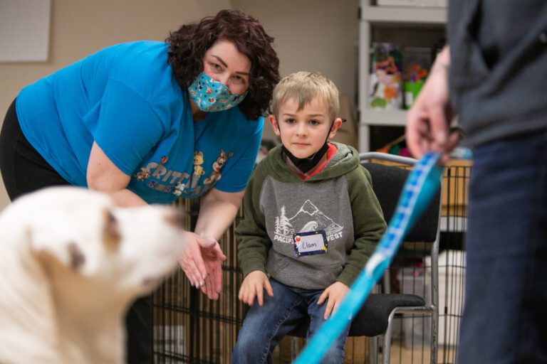 Angela Lenz from Tails-A-Wagging Doggy Daycare works with camper Liam to encourage the dog, Frank, to come over.