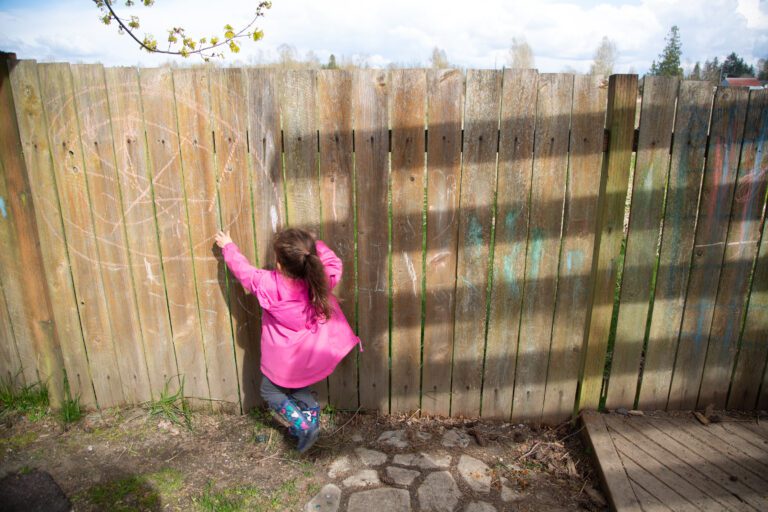 A child reaches for the wooden fence.