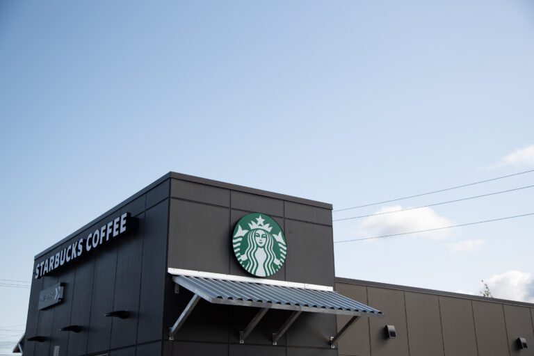 The Iowa and King Street Starbucks in Bellingham underneath the bright blue sky.