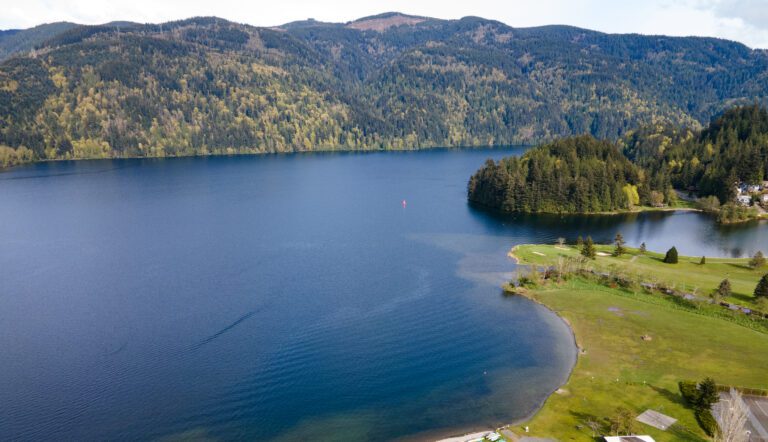 An aerial view of the expansive Lake Whatcom.