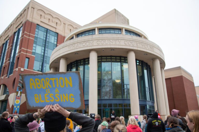 Protesters listen to speeches at the Whatcom County Courthouse as a sign that reads 'Abortion is a blessing'.