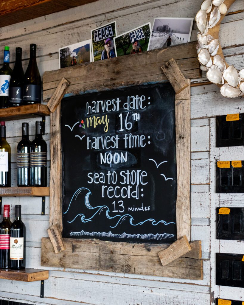 A blackboard inside Drayton Harbor Oyster Company lets customers know of their harvest date, time and record.