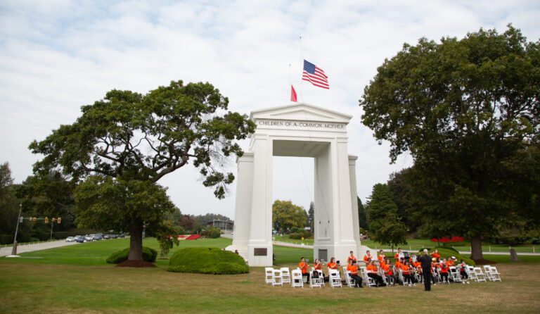 The Blaine High School band performs "The Star Spangled Banner" beneath the Peace Arch.