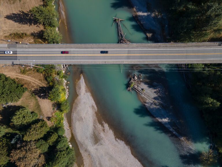 An aerial biew of the road passing over the Nooksack River basin.