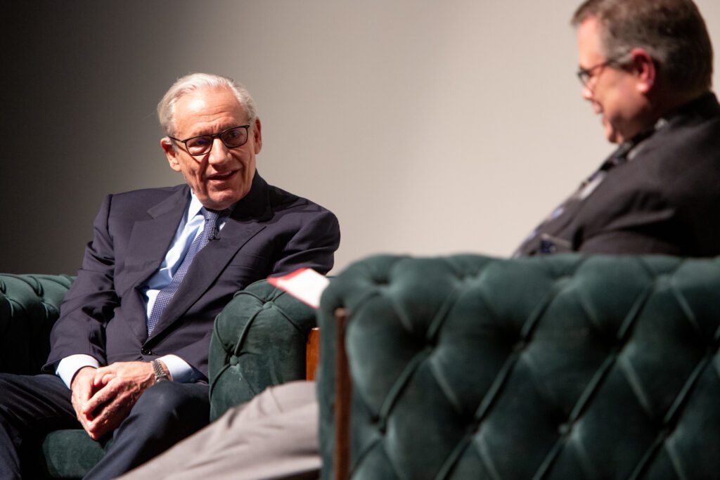 Bob Woodward, left, and Ron Judd speak on stage at the Mount Baker Theatre.