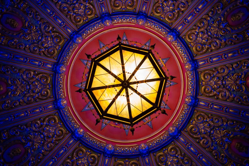 A look underneath the unique chandelier hangs inside Mount Baker Theatre.