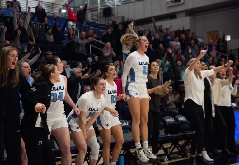 Western's players jump and cheer from the sidelines with the crowd behind them following suit.