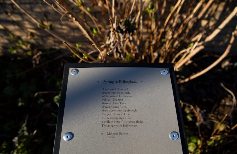 Grade-schooler Margaux Barber's poem "Spring in Bellingham" is currently on display as part of the Sue C. Boynton Poetry Walk.