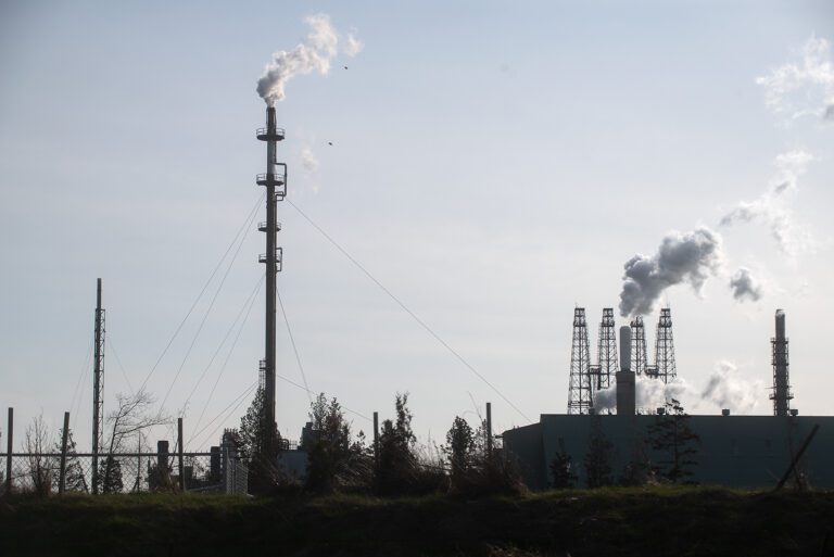 BP Cherry Point Refinery bellows out smoke from above.