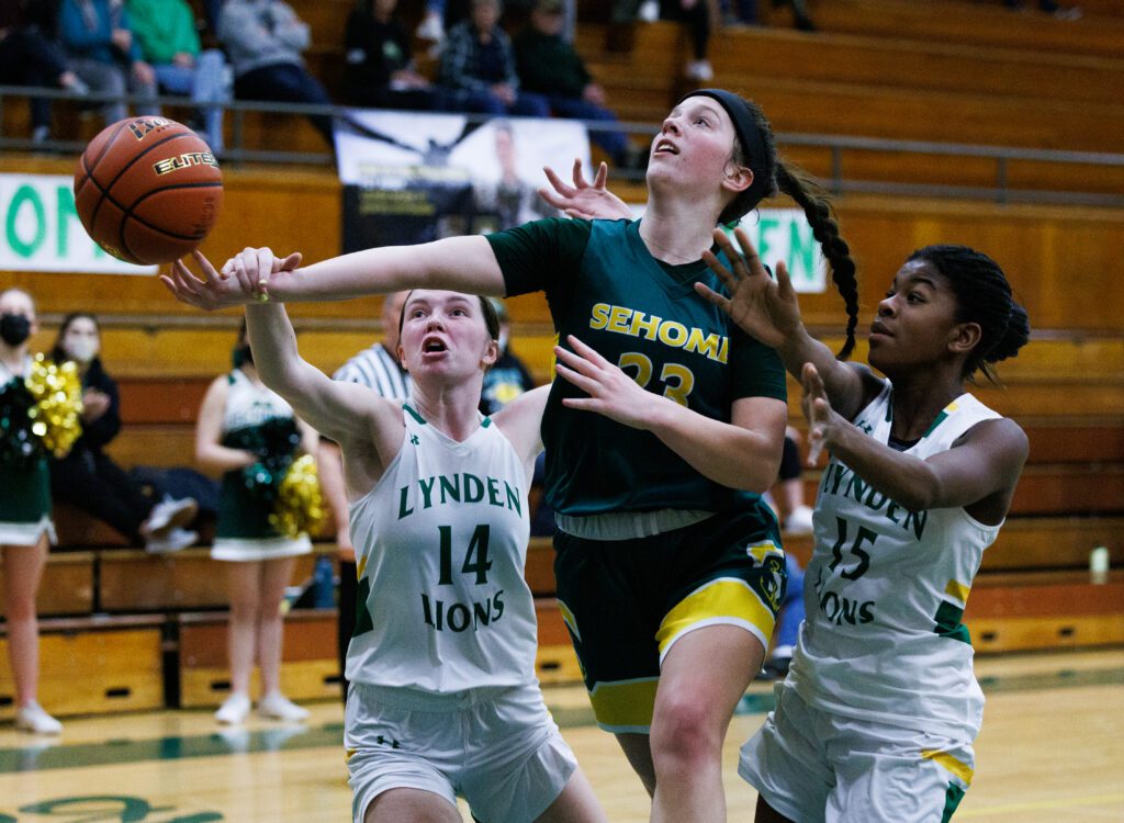 Sehome's Ava Lunny is fouled by Lynden's Haylee Koetje.