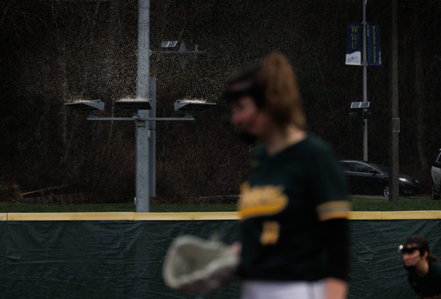 Raindrops hit the outfield lights.