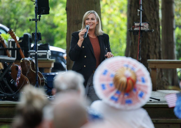 U.S. Senate candidate Tiffany Smiley speaks at a picnic for Republican supporters.