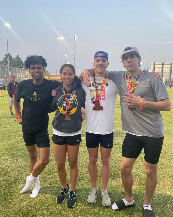 From left to right, Jake Andrews, Jayda Darroch, Andre Korbmacher and Carter Birade pose at the Arcadia Invitational with their awards.