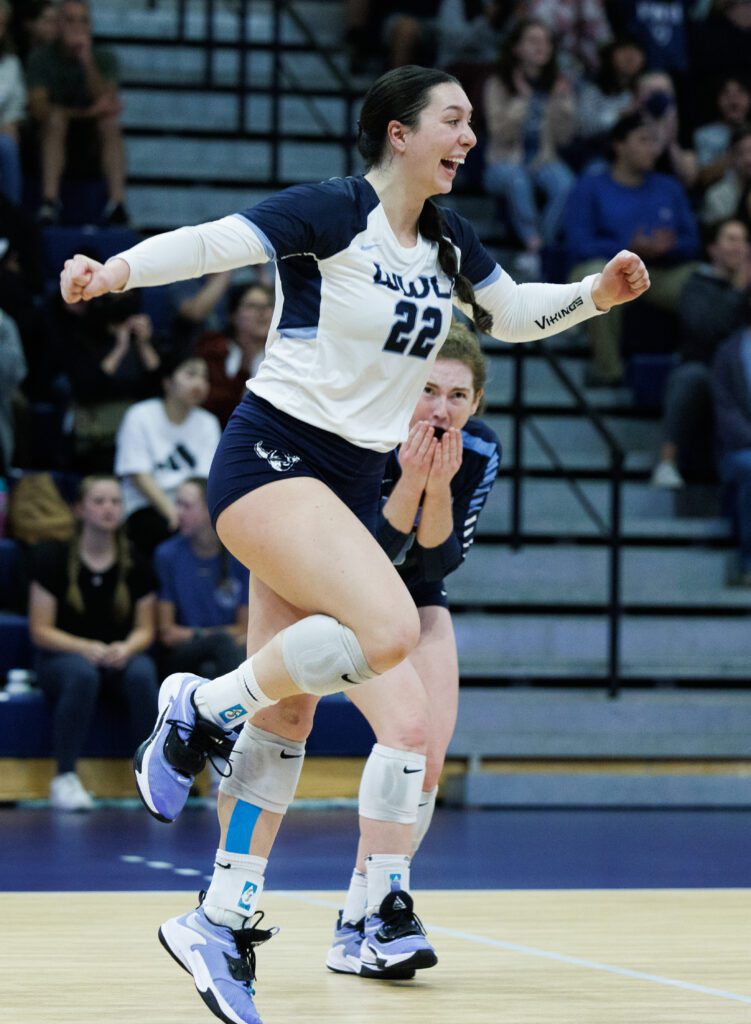 Western Washington University's Gabby Gunterman spins and leaps in joy.