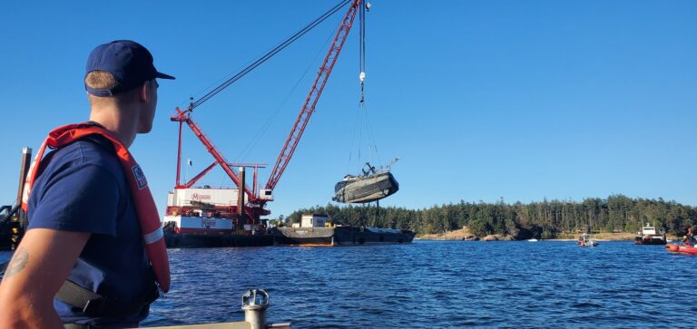 The Aleutian Isle was towed to Mitchell Bay before being placed on a waiting barge.