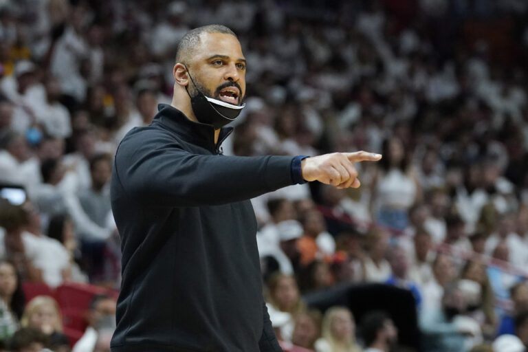 Boston Celtics head coach Ime Udoka gestures during the first half of Game 7 of the NBA basketball Eastern Conference finals playoff series against the Miami Heat