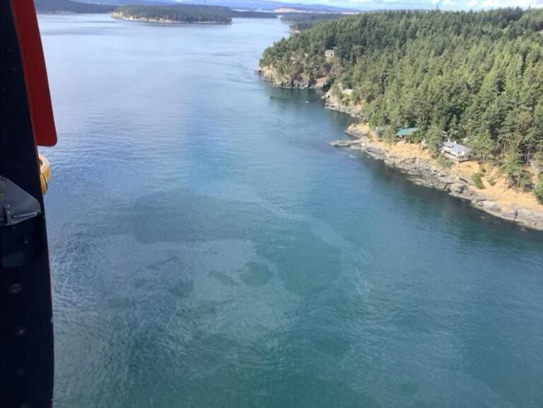 An aerial photo released by the U.S. Coast Guard shows a diesel spill in the waters.