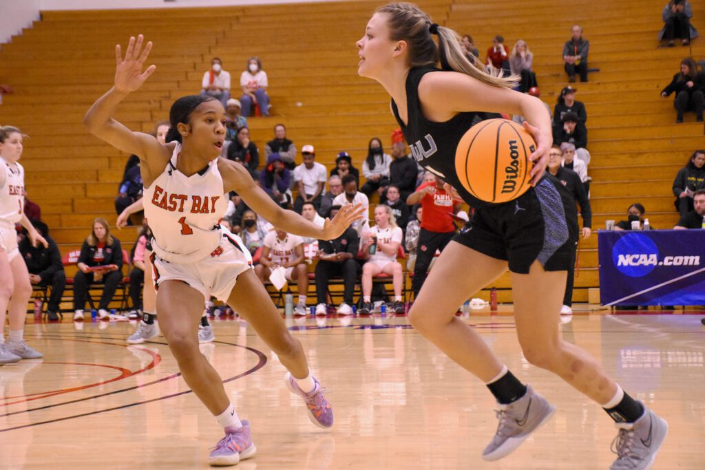 Western Washington University junior guard Avery Dykstra runs the Vikings' offense against Cal State East Bay in the NCAA Division II West Region final.