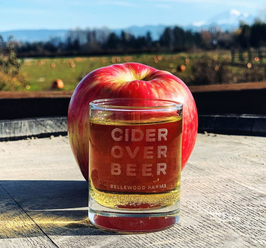 Hard cider in a cup in front of a juicy apple.