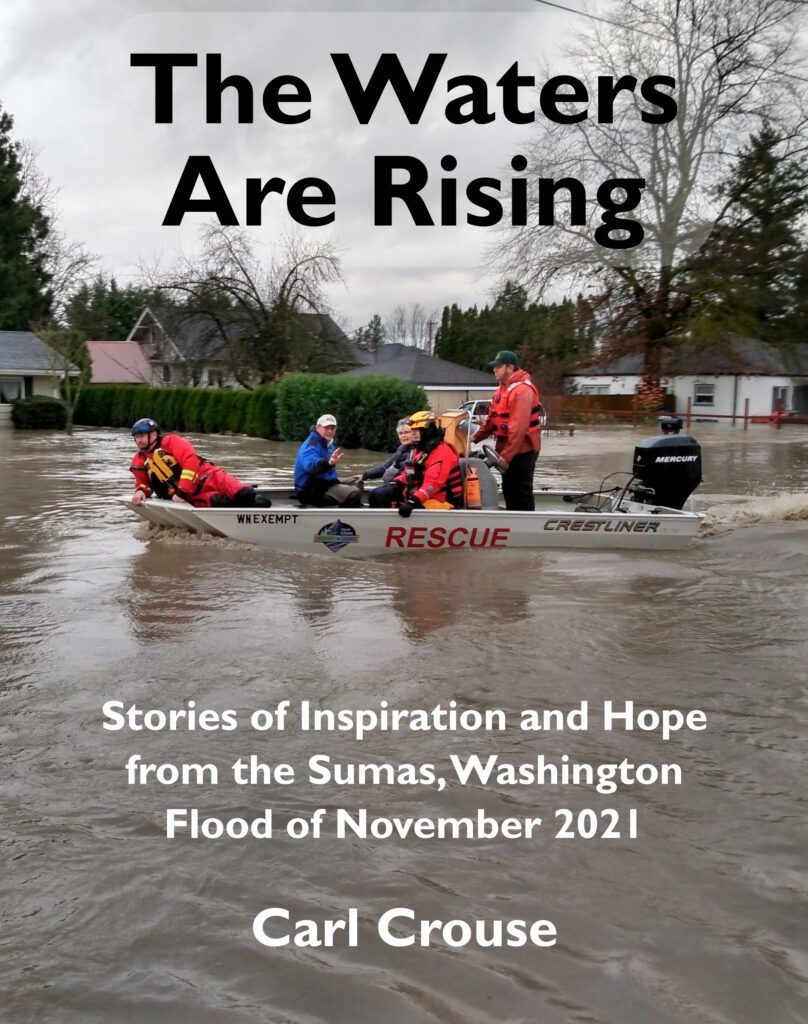 The book cover of "The Waters Are Rising" shows people getting rescued from the flood.