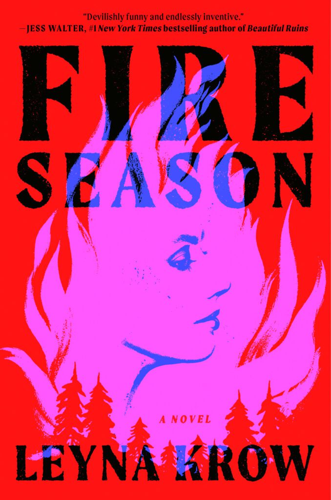 Krow's novel's book cover is a stylistic design of a woman's face in the fire.