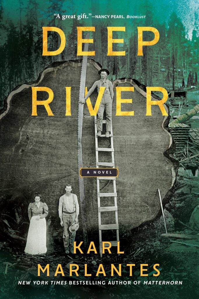 The book “Deep River” has a cover of a man scaling the size of the fallen tree next to a woman and a man.