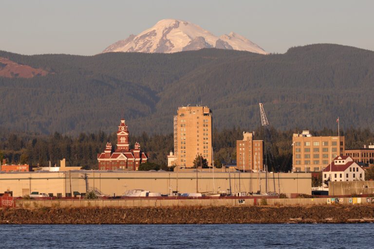 Mount Baker looms behind downtown Bellingham.