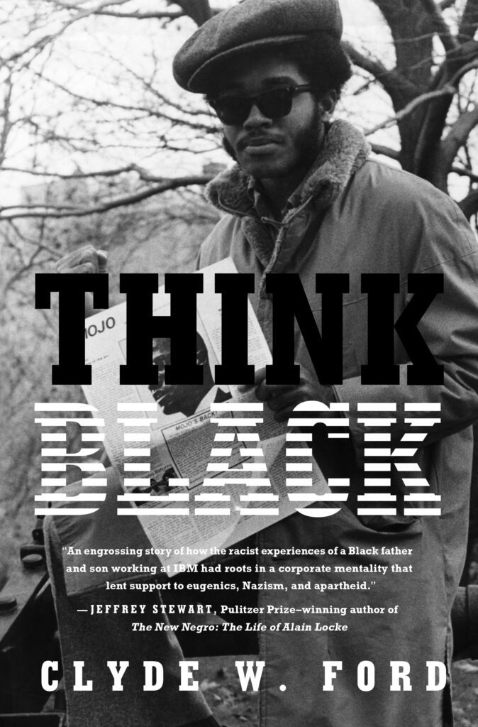 “Think Black” with a black and white photo of a man holding newspaper as the book cover.