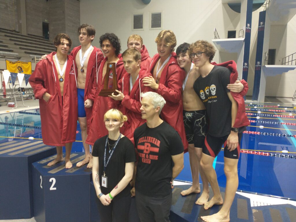 The Bellingham boys swim and dive team pose for a group photo with their awards.