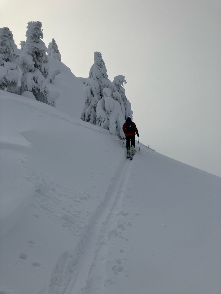 Hiking up to the upper ridge of Eaglecrest Ski Area, near Juneau, to do avalanche control.