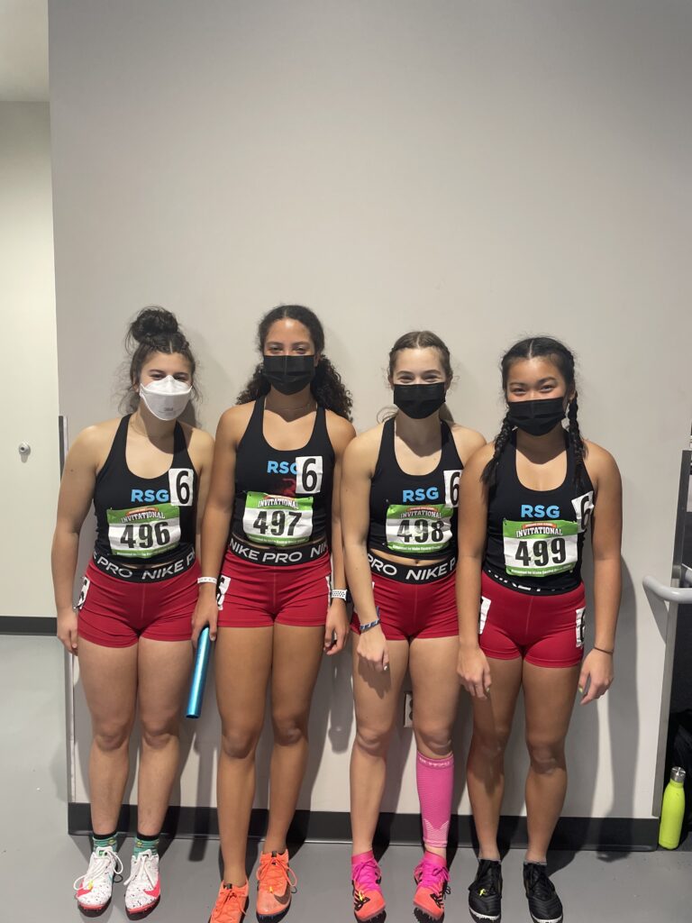 Local high schoolers Sofia Calabretta, Jayda Darroch, Hazel Gleckman and Sara Mayr-Sheriff take a group photo at a meet with Ready-Set-Go Sprinters.