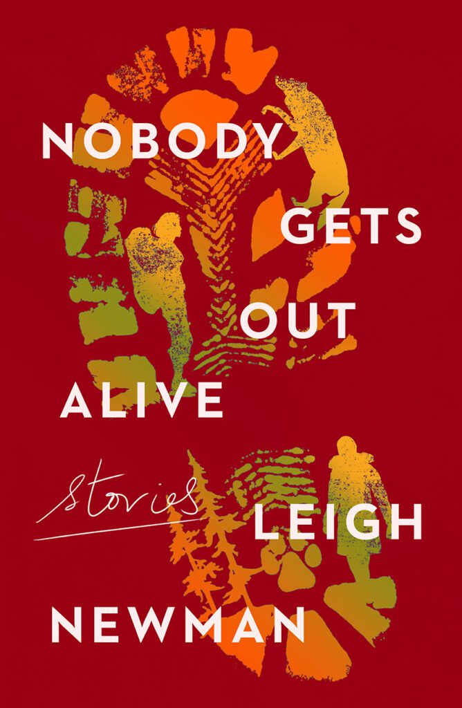 The book cover of "Nobody Gets Out Alive" has a stylistic shoe print that has people, trees, and animals.