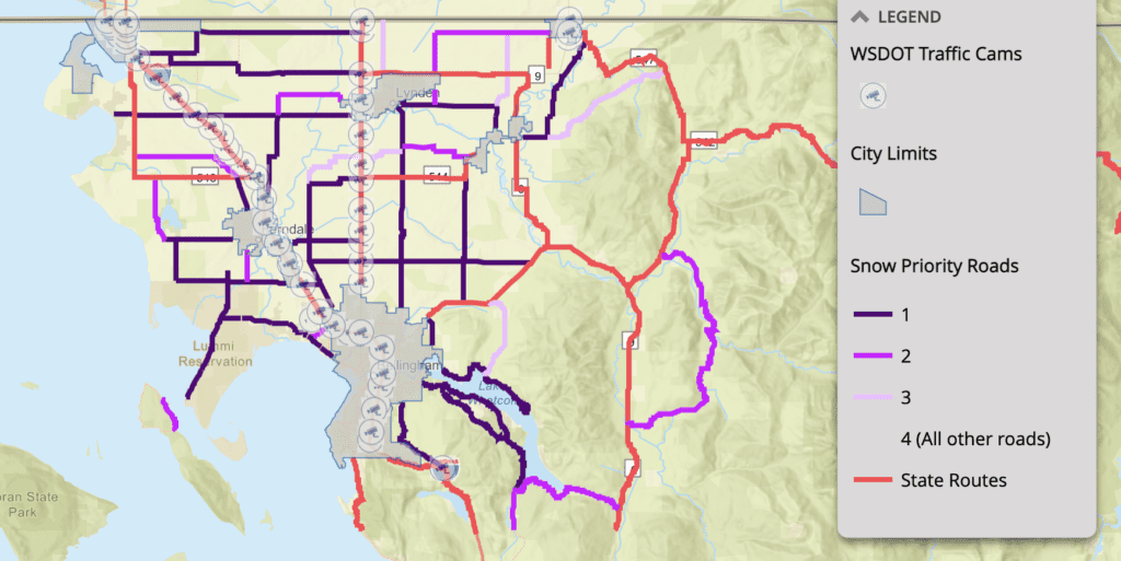 A map of Bellingham with colored lines showing which routes are snow priority roads.