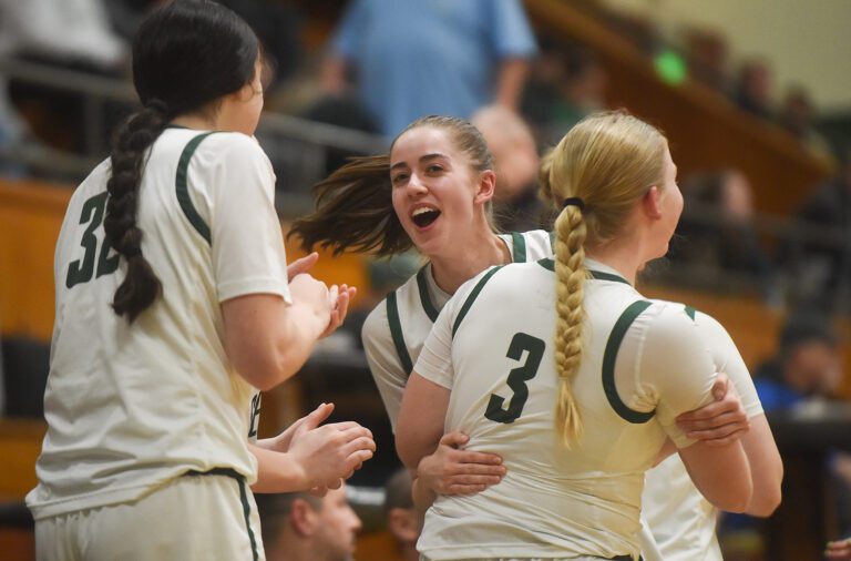 Sehome junior Kylie Watson hugs Macie Aven at the bench as they celebrate with their teammates.