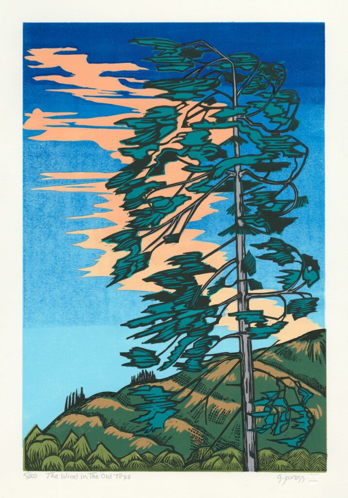 The woodcut print “The Wind in the Old Tree” is a piece focusing on a tree's leaves blowing in the wind.