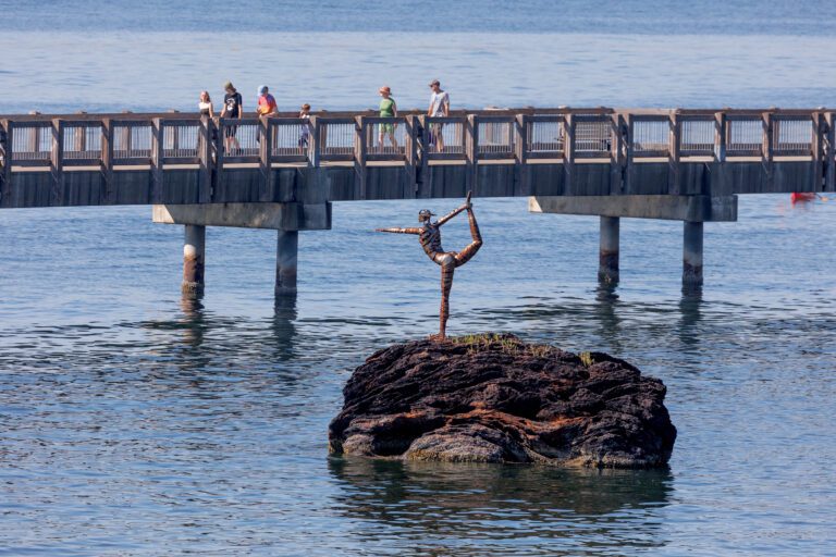 Walkers on the boardwalk pass by a rock with a sculpture on top.