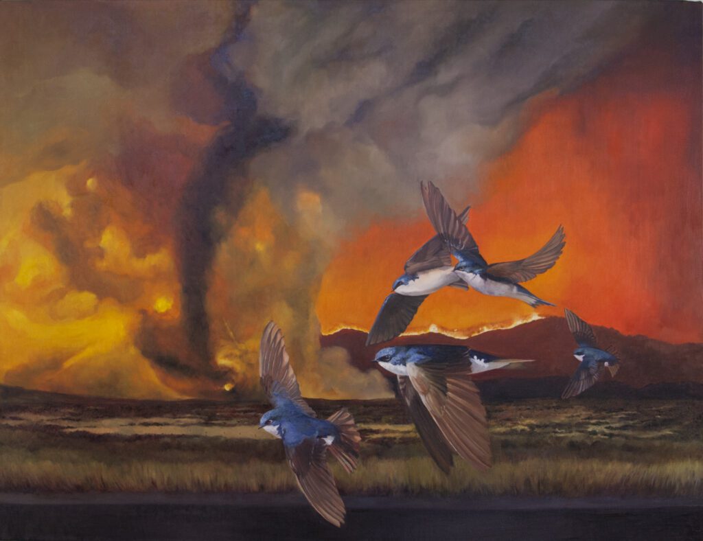 "Tree Swallow" is one of Natalie Niblack's paintings where birds are flying with the forest fires in the background.