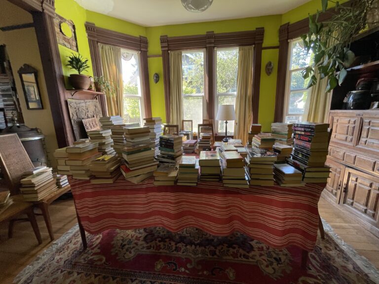 At the Book and Art Sale at the Humboldt Hen House, stacks of books are available on a desk.