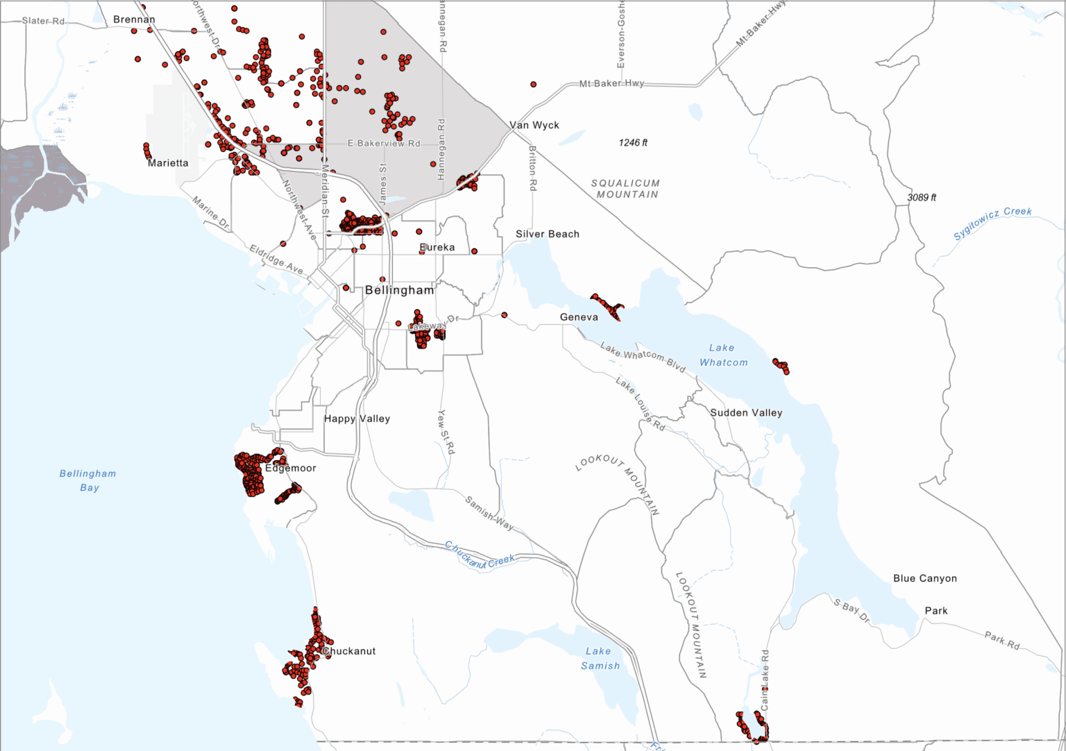 This section of a preliminary map shows the properties in Bellingham that were restricted by racial covenants.