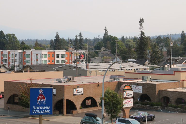 Wildfire smoke settles in downtown Bellingham with a haze in the skies.