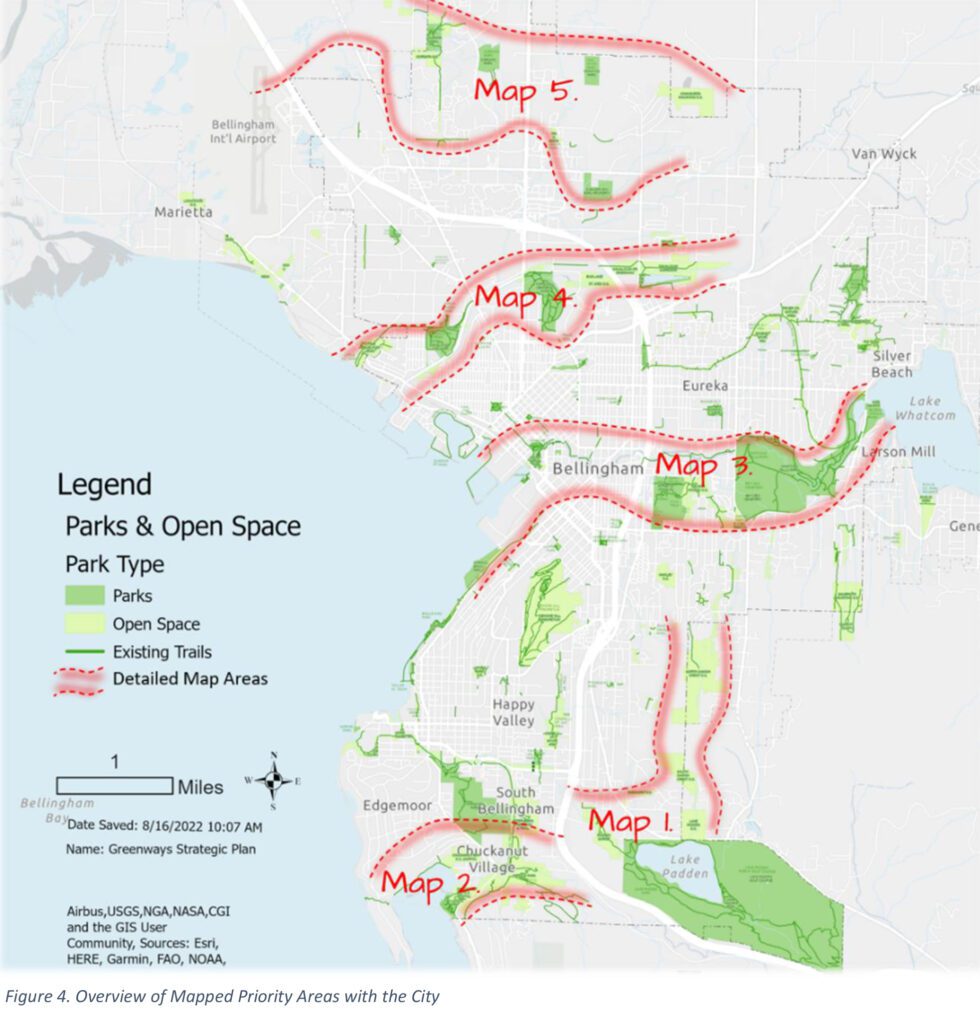 An overview of mapped priority areas around the city of Bellingham marked by colored lines and highlights.