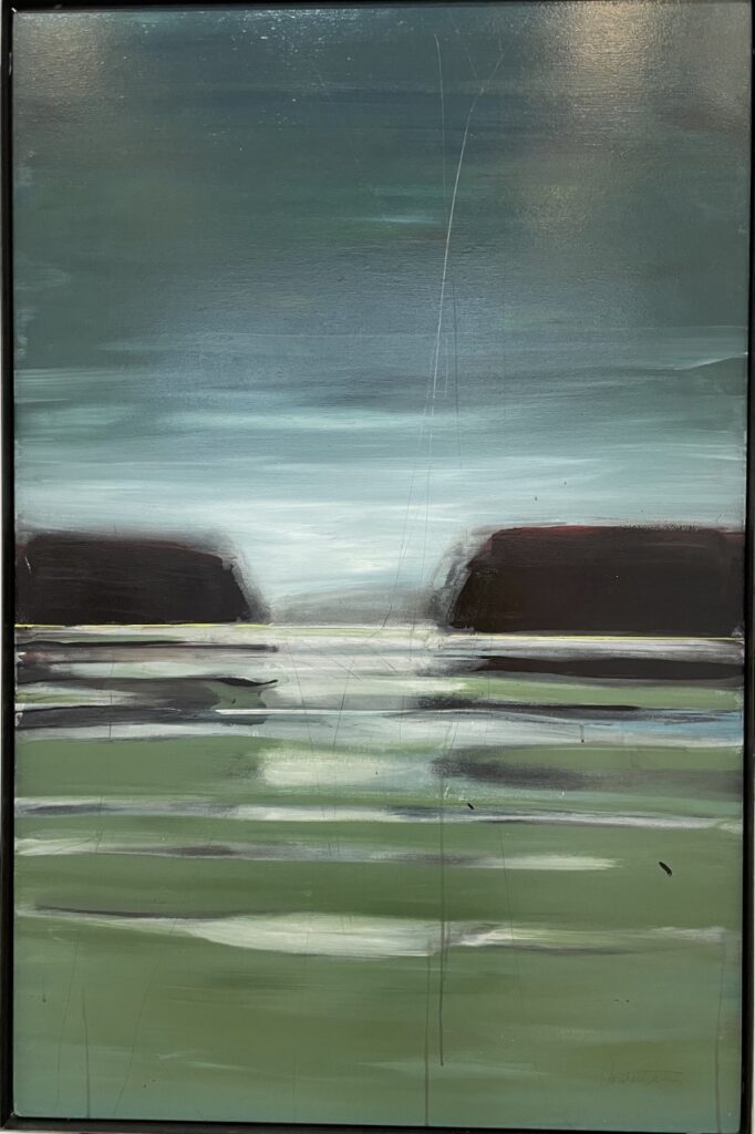 “Heavy Sky 1” is a painting of reflections in the near foreground from a bright channel between headlands under a darkening evening.